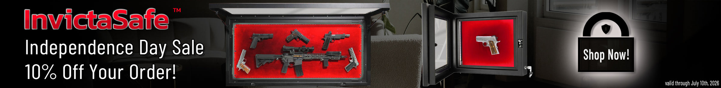 Promotional banner for 10% off Invicta Safe secure displays.