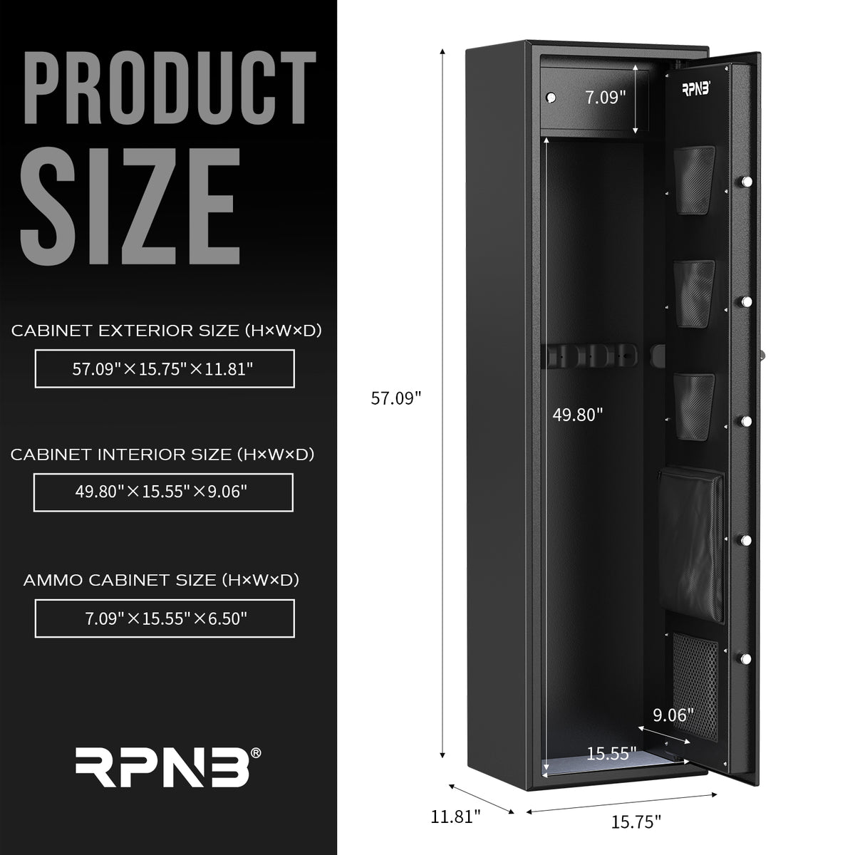 RPNB RP7FR Biometric Large 7 Gun Cabinet with Electronic Digital Lock Product Dimensions