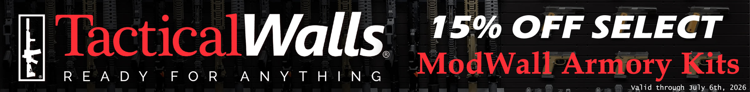 Promotional banner for 15% off select a Tactical Walls ModWall armory kits ordered by July 6th, 2026.