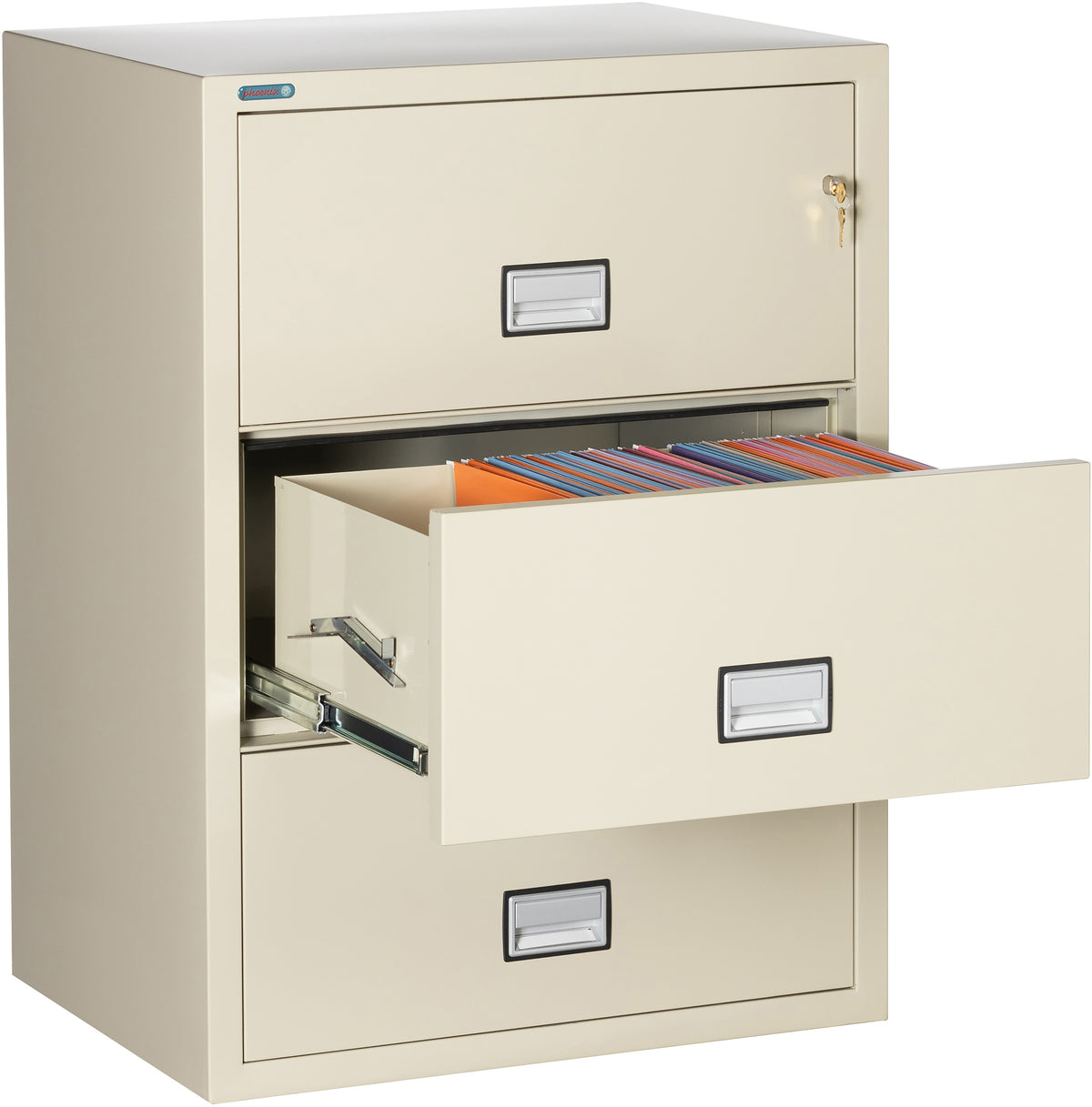 Phoenix Safe LAT3W31 31&quot; 3 Drawer Lateral Size Fire File Cabinet Putty Middle Drawer Open