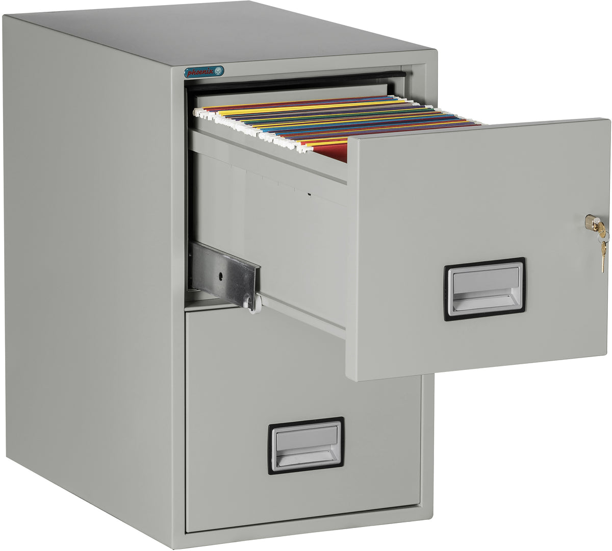 Phoenix Safe LTR2W25 25 inch 2 Drawer Letter Vertical Fire File Cabinet Light Gray Top Drawer Open