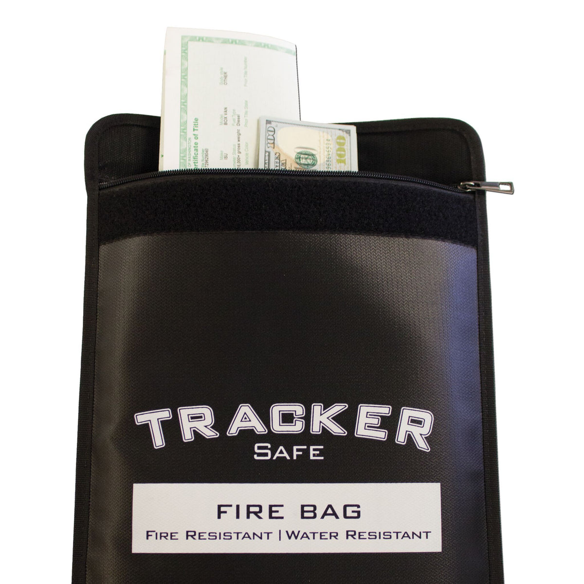  Tracker FB1511 Fire &amp; Water Resistant Bag with Cash &amp; Papers Sticking out
