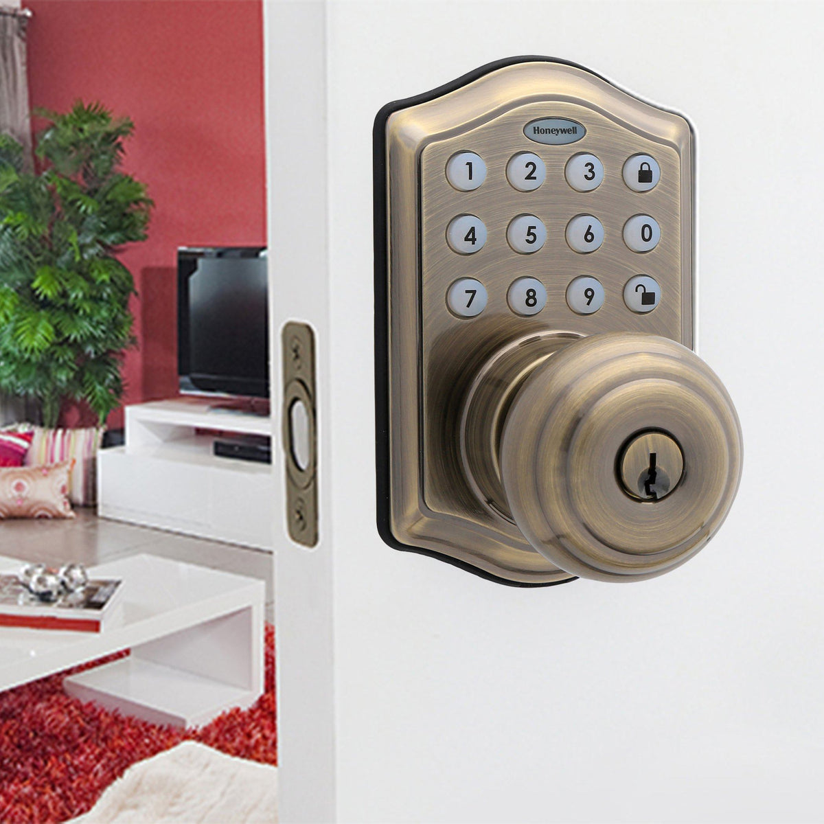 Honeywell 8732101 Electronic Entry Knob Door Lock with Keypad Antique Brass Finish Installed on Door