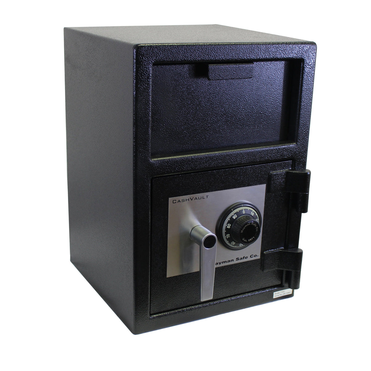 A black Hayman Safe CV-F20-C Front Loading Depository Safe with a combination dial and a metallic handle, labeled &quot;cashvault&quot; on an isolated white background.
