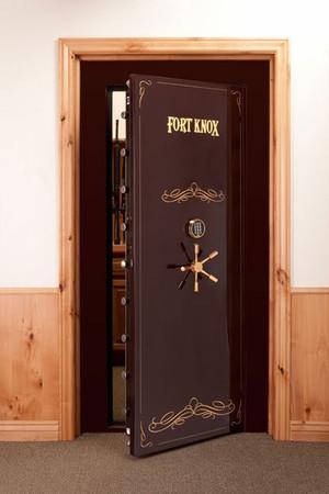 Fort Knox Executive 8240 Vault Door Outswing in Burgundy Red with Wood Trim