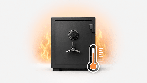 Fireproof home safe with important documents, passports, valuables, and digital storage items arranged nearby, representing Safe & Vault Store’s 2026 guide to choosing the best fireproof safe by fire rating, lock type, size, and contents protected.
