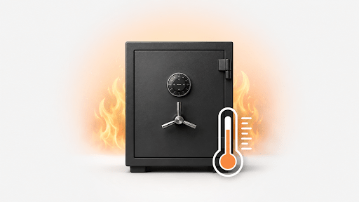 Fireproof home safe with important documents, passports, valuables, and digital storage items arranged nearby, representing Safe & Vault Store’s 2026 guide to choosing the best fireproof safe by fire rating, lock type, size, and contents protected.