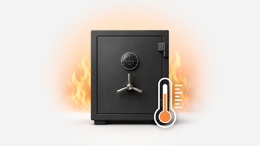 Fireproof home safe with important documents, passports, valuables, and digital storage items arranged nearby, representing Safe & Vault Store’s 2026 guide to choosing the best fireproof safe by fire rating, lock type, size, and contents protected.