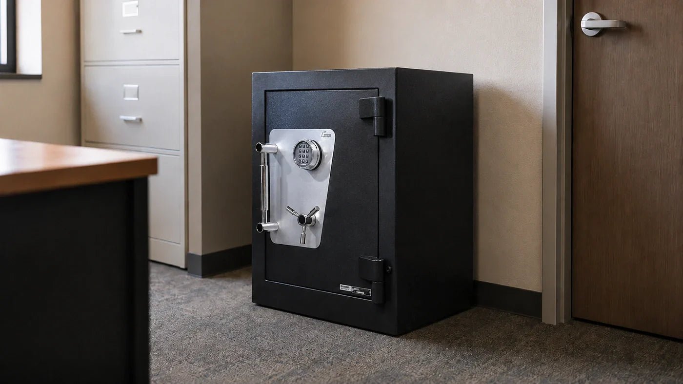 An AMSEC CEV2518 TL-15 composite safe in an office setting