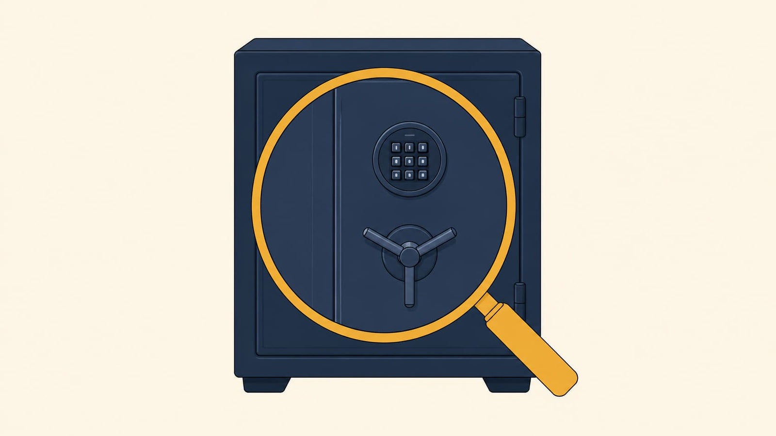 Flat illustration of a magnifying glass held over a navy gun safe's door and lock, enlarging the steel detail.