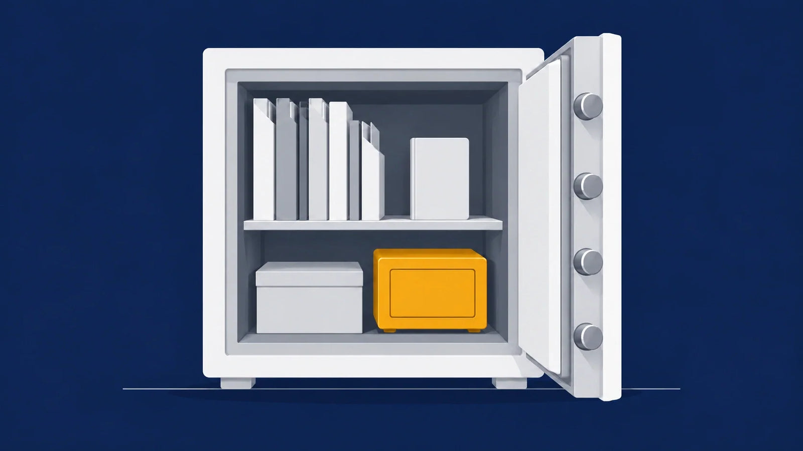 Open fire safe holding document folders, a storage box and a small data media safe on the lower shelf