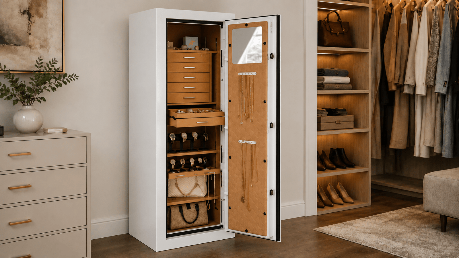 Open jewelry safe with organized drawers, watches, necklaces, and valuables inside.
