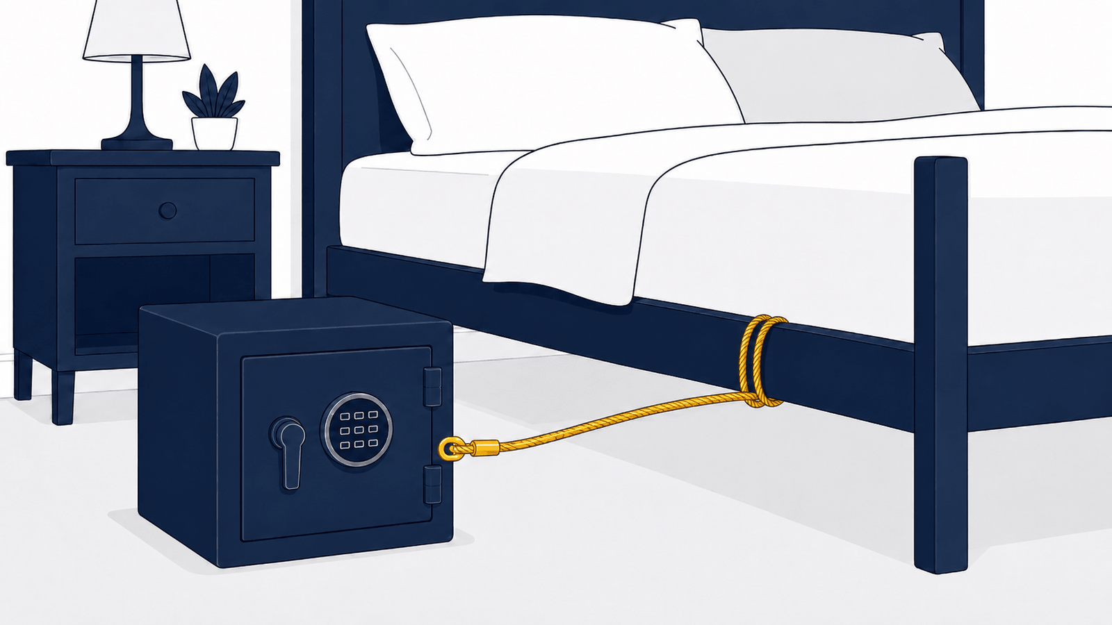 Flat illustration of a compact safe beside a bed, cabled around a bed frame cross-member