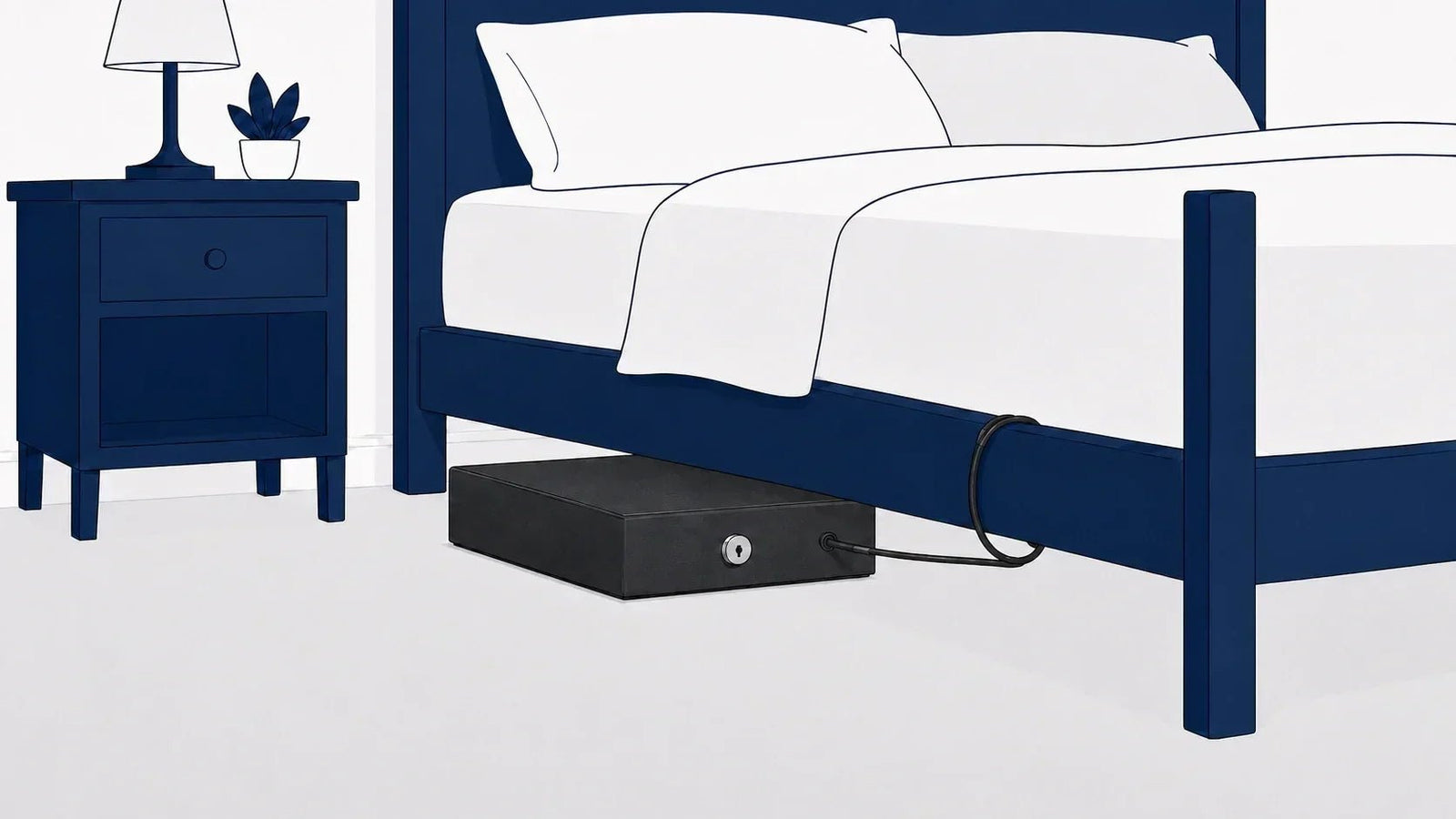Flat illustration of a compact gray safe secured beneath a bed with a cable wrapped around the bed frame.