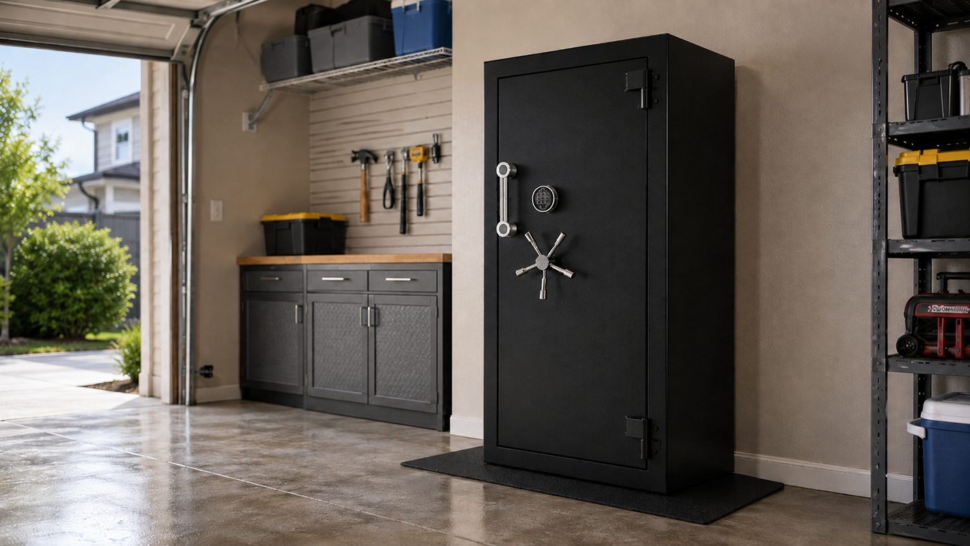 Black gun safe installed in a residential garage.