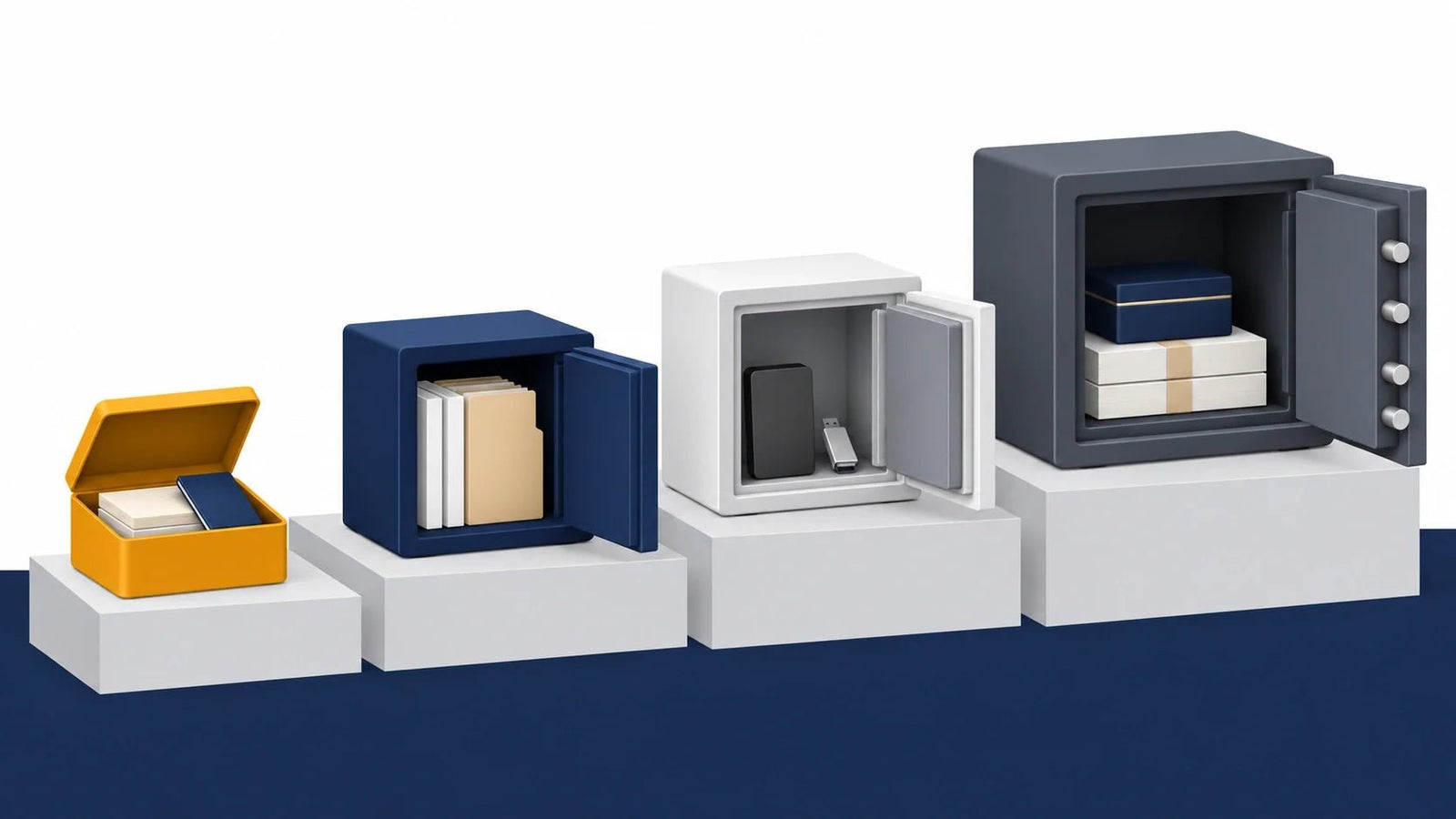 Illustration of a fire chest, small home safe, data media safe and burglar-fire safe on rising steps, all open