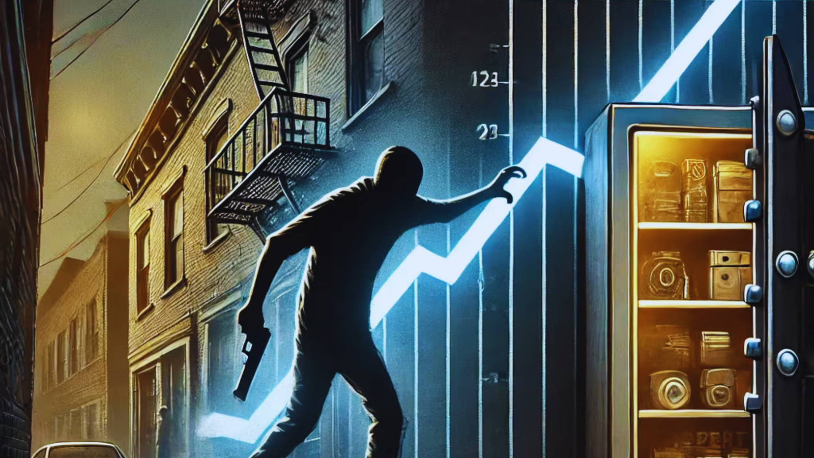 Person breaking into a safe with a handgun and chart of property theft in the background