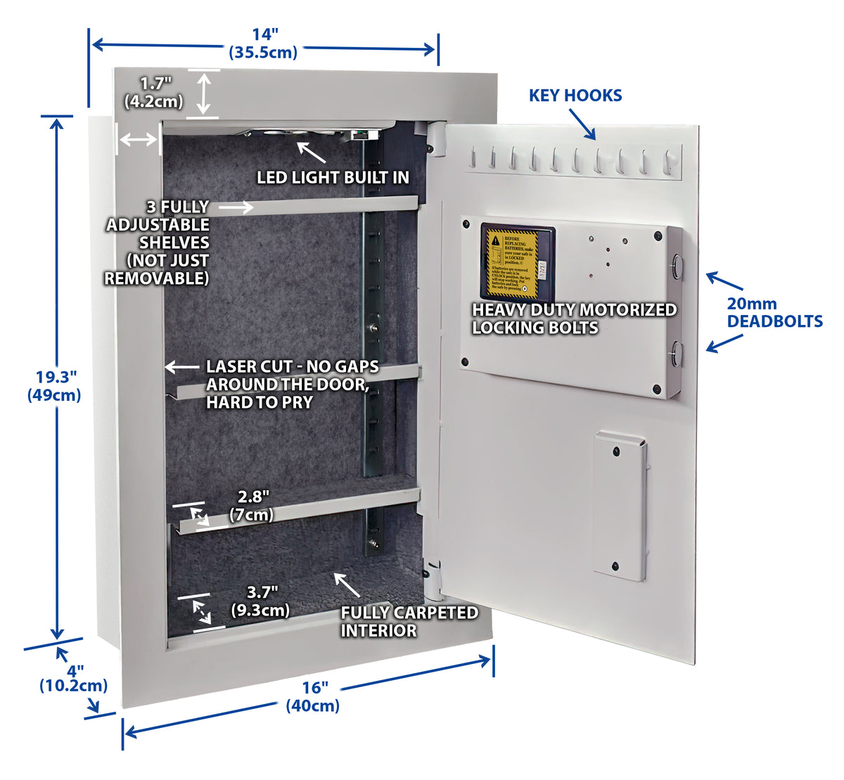Viking VS-52BLXW Hidden in Wall Safe Biometric Safe White Door Open with Dimensions