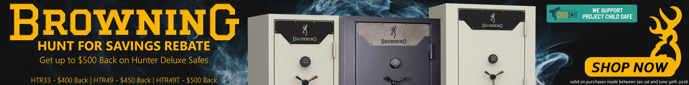 Promotional banner for the Browning Hunt for Savings Rebate offering up to $500 back on select Hunter Deluxe gun safe models.