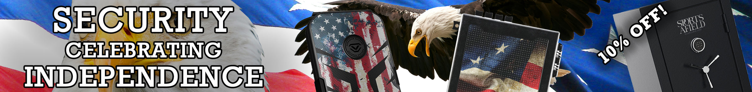 Promotional banner for the safeandvaultstore.com 250th anniversary product collection as well as a 10% discount on the limited edition Sports Afield Anniversary edition gun safe.