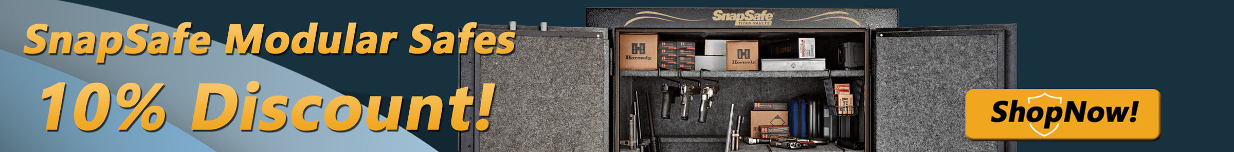 Promotional banner for 10% off SnapSafe Titan modular gun safes when added to the cart. Valid through September 30th, 2026.