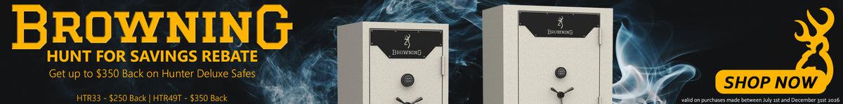 Promotional banner for up to $350 back on select Browning Hunter Deluxe gun safe models purchased by December 31st, 2026 with the Browning Hunt for Savings Rebate sale.
