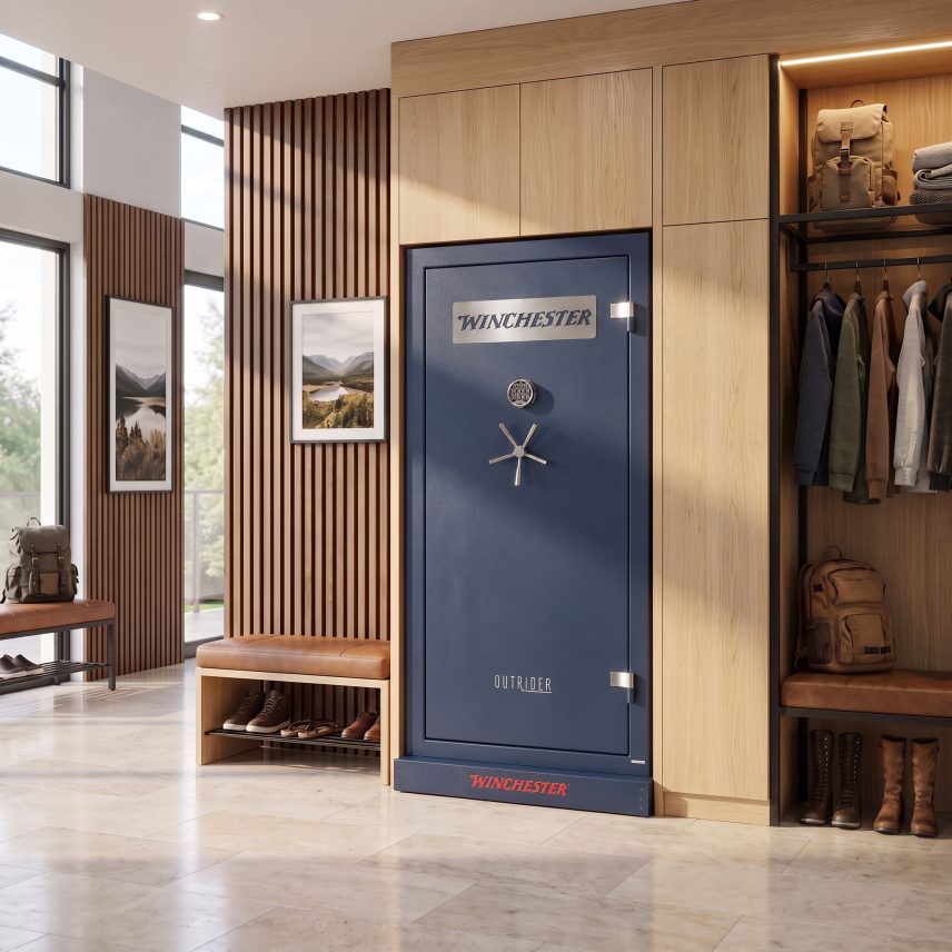 Winchester Outrider 41 Midnight Blue gun safe placed in a modern mudroom with wood paneling and built-in gear storage