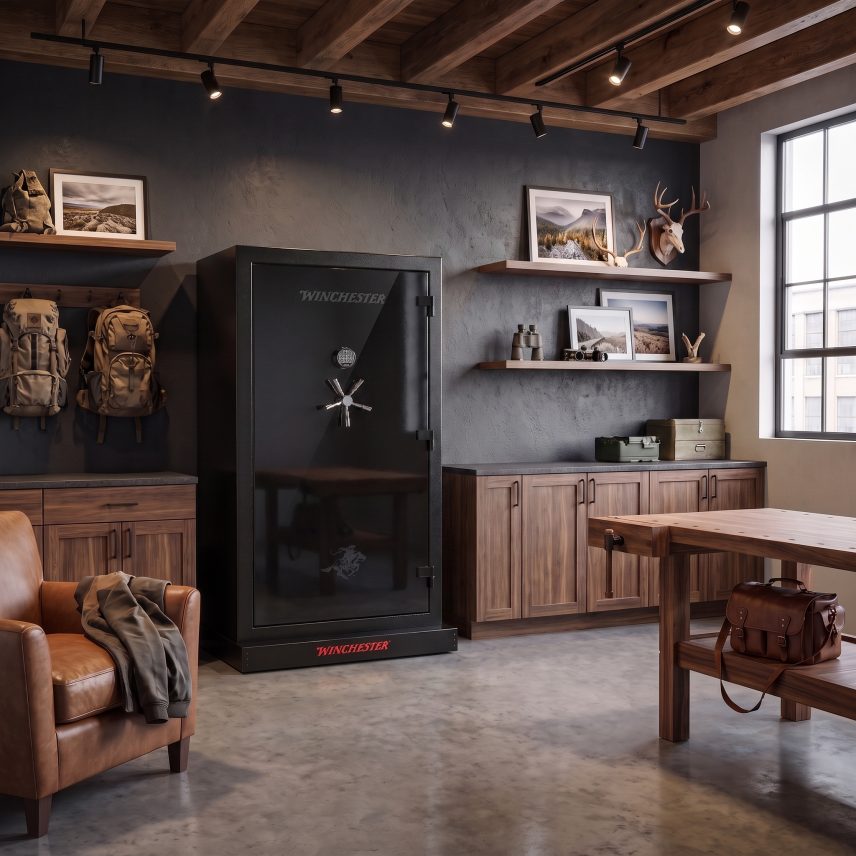 Winchester Ranger 44 Stealth Black staged in a modern gun room with wood beam ceiling, leather chair, and trophy antlers