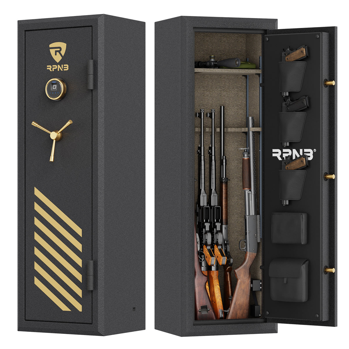 RPNB RPFS10-B 10 Gun Fireproof Biometric Gun Safe Black Door Closed vs Door Open with Rifles