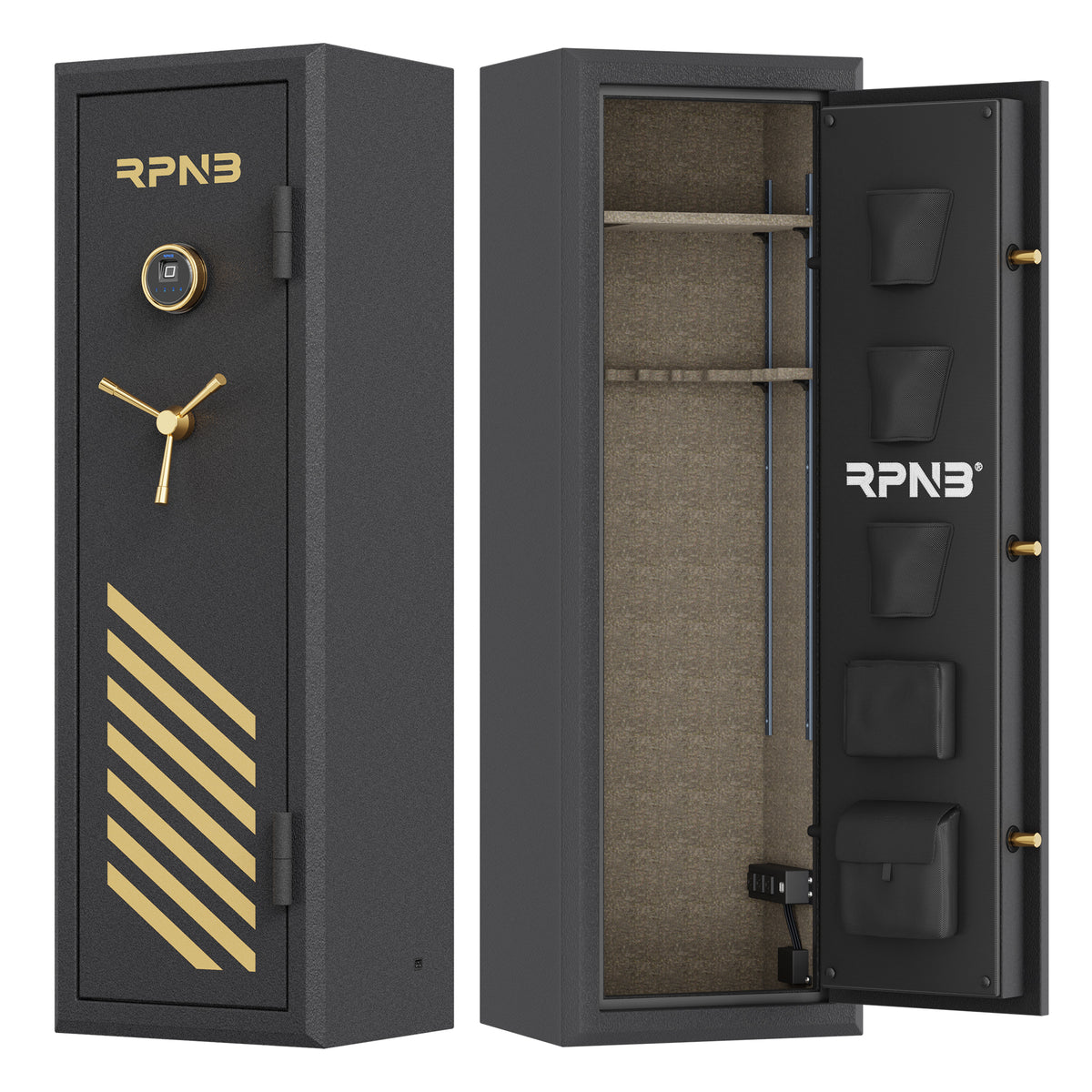 RPNB RPFS10-B 10 Gun Fireproof Biometric Gun Safe Black Door Closed on Left & Door Open on Right