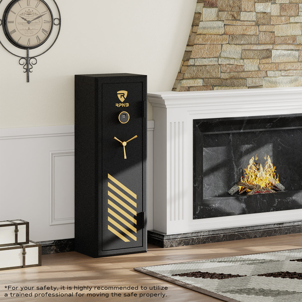 RPNB RPFS10-B 10 Gun Fireproof Biometric Gun Safe Black Installed Next to Fireplace
