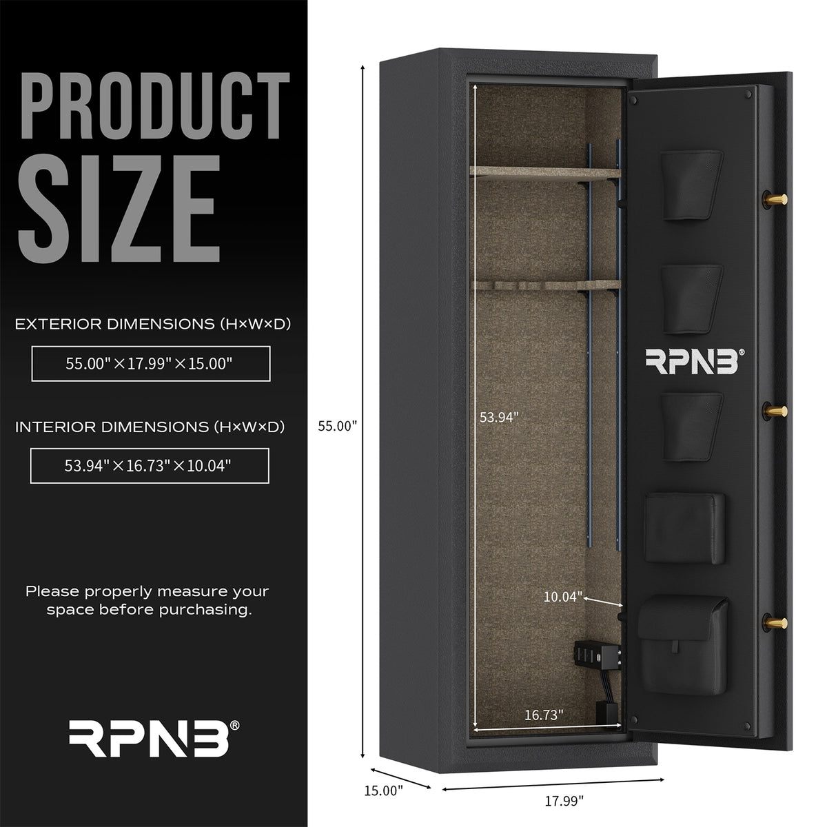 RPNB RPFS10-B 10 Gun Fireproof Biometric Gun Safe Black Dimensions