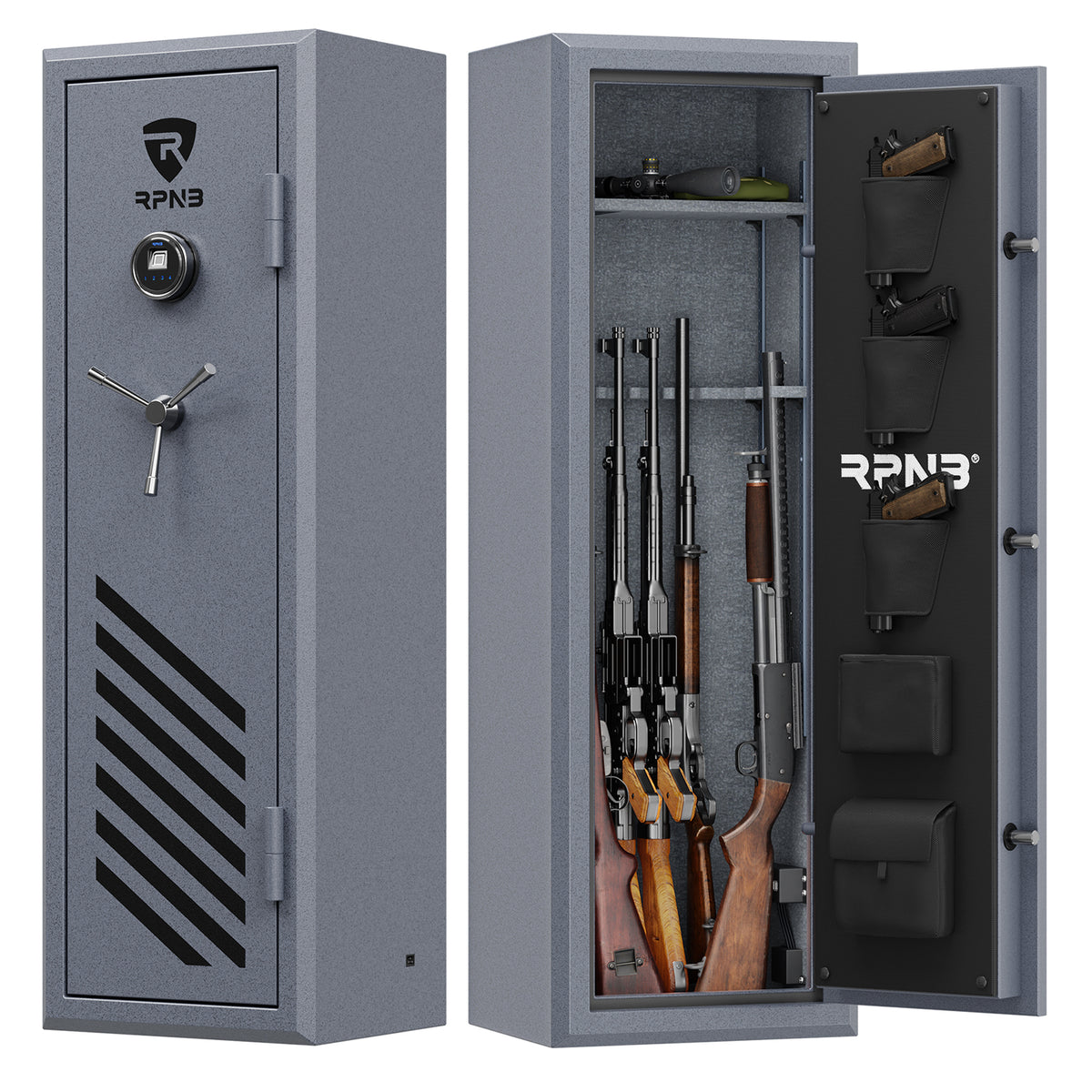 RPNB RPFS10-G 10 Gun Fireproof Biometric Gun Safe Grey Door Closed &amp; Door Open with Rifles