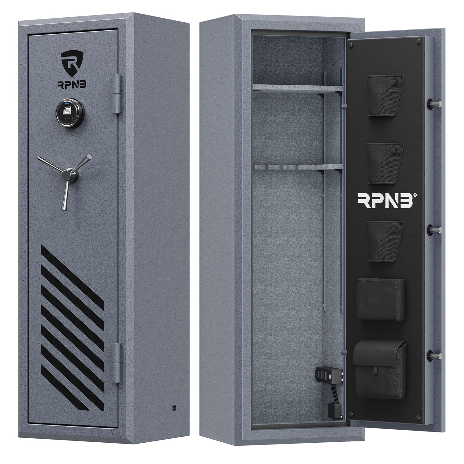 RPNB RPFS10-G 10 Gun Fireproof Biometric Gun Safe Grey Door Closed & Door Open Empty