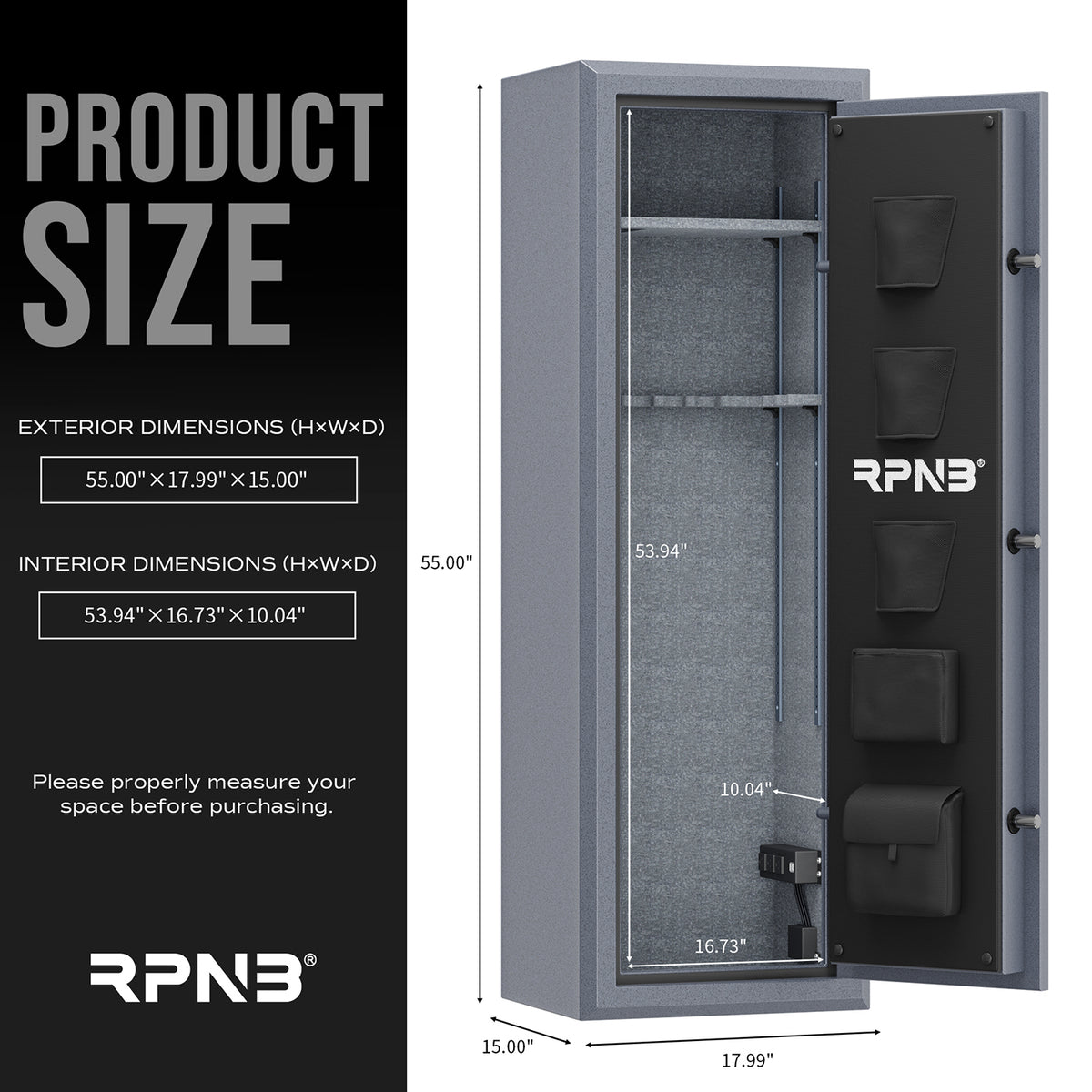 RPNB RPFS10-G 10 Gun Fireproof Biometric Gun Safe Grey Dimensions