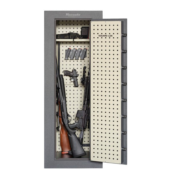 Hornady 95070 VEXIS Mobilis safe open showing Square-Lok pegboard with mounted rifles, handgun, and magazines