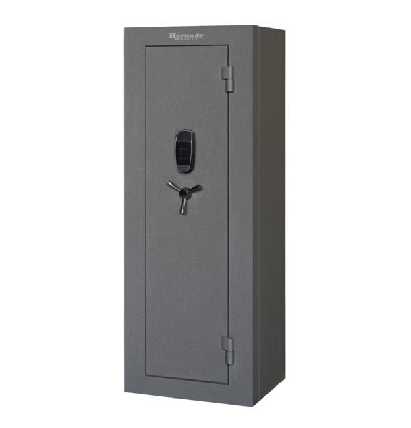 Hornady 95070 VEXIS Mobilis gun safe closed side view in matte grey with Hornady nameplate, VEXIS keypad, and 3-spoke handle