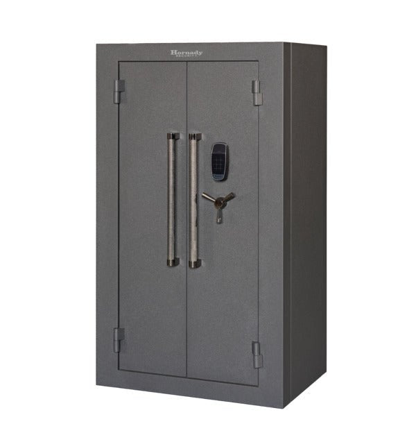 Hornady 95071 VEXIS Mobilis Double Door safe closed from left with dual pull handles, VEXIS keypad, and 3-spoke handle