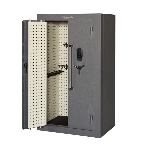 Hornady 95071 VEXIS Mobilis Double Door safe with left door open showing Square-Lok pegboard back and pistol mounts