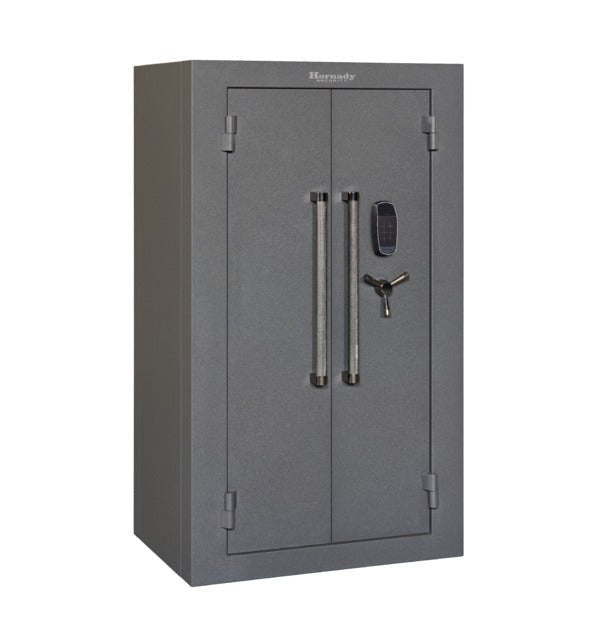 Hornady 95071 VEXIS Mobilis Double Door safe closed from right side with dual pull handles, VEXIS keypad, and handle