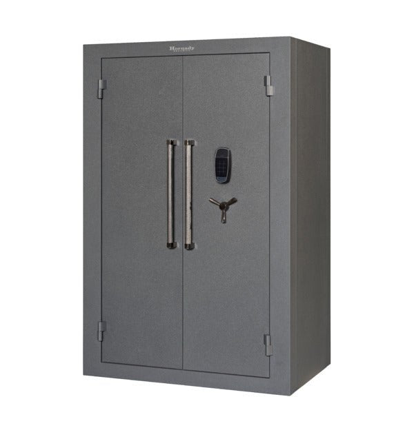 Hornady 95072 VEXIS Mobilis Double Door MAX safe closed from left with dual pull handles, VEXIS keypad, and 3-spoke handle