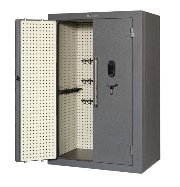Hornady 95072 VEXIS Mobilis Double Door MAX safe with left door open showing Square-Lok pegboard and handgun mounts