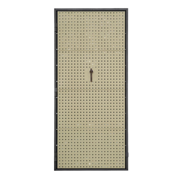 Interior view of the Hornady VEXIS vault door closed showing the tan Square-Lok pegboard panel with central latch