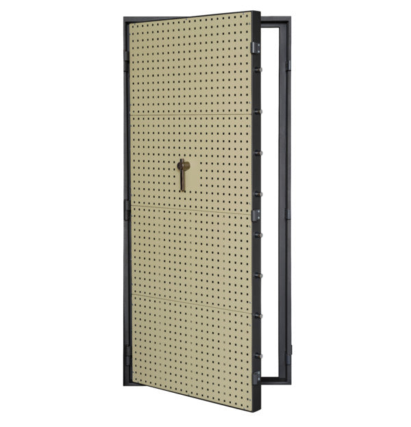 Interior view of the Hornady VEXIS vault door swung open showing the Square-Lok pegboard panel and locking bolts