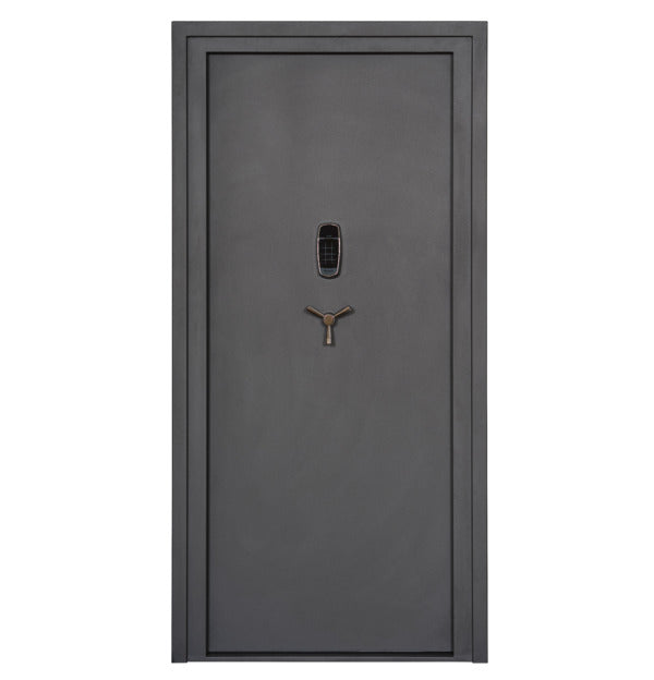 Hornady VEXIS Premium Vault Door closed front view showing dark grey finish, biometric keypad, and 3-spoke handle