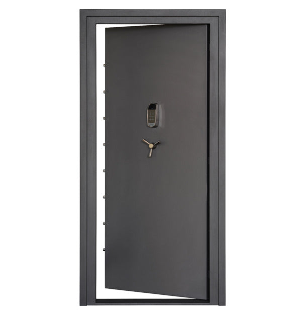 Hornady VEXIS Premium 36-inch vault door cracked open showing dark grey finish, biometric keypad, and multiple locking bolts