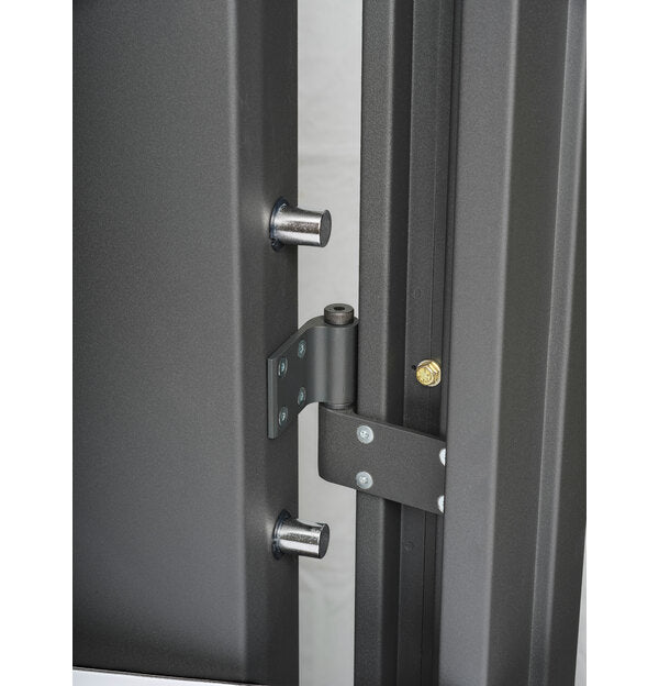 Close-up of the Hornady VEXIS vault door hinge showing two chrome locking bolts and the pivot mechanism