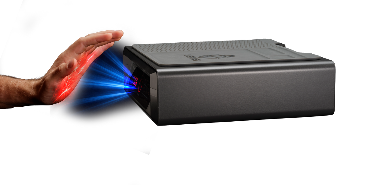 Hornady VEXIS Night Guard bedside safe shown from the side with a dramatic illustration of the palm vein biometric scanner in action: a hand held above the safe emits red vein-pattern light and blue infrared scanning beams shooting toward the palm from the sensor, demonstrating how the contactless palm vein technology reads the unique vein pattern beneath the skin for authenticated access, LED clock display shows 5:05 on the front