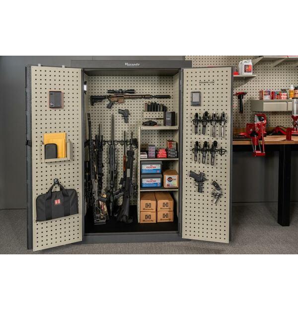 Hornady VEXIS Mobilis Double Door safe fully loaded in workshop with rifles, Hornady ammo, and pistols on Square-Lok