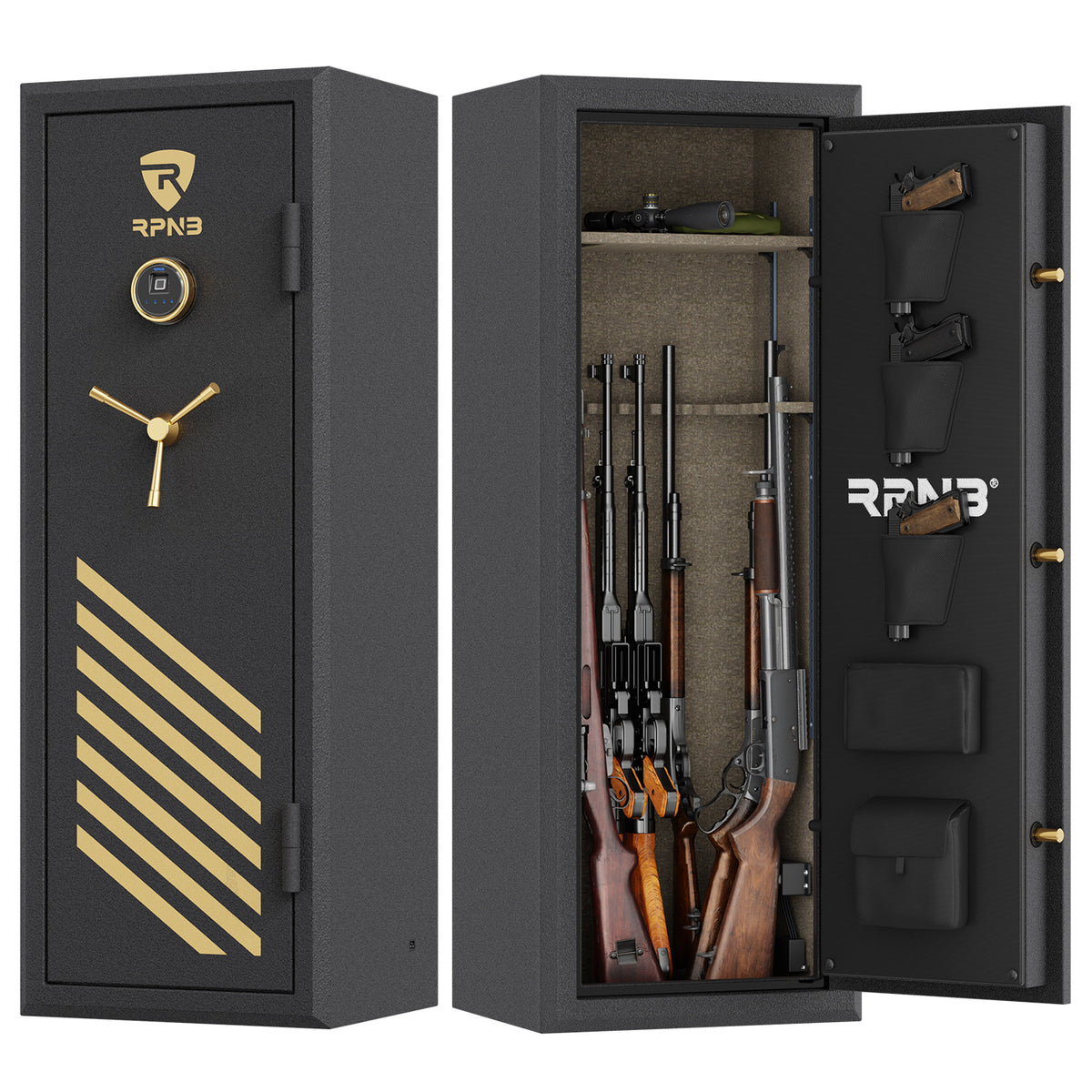 RPNB RPFS14-B 14 Gun Fireproof Biometric Gun Safe Black Door Open &amp; Closed With Rifles